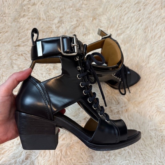 Chloe Rylee Leather Open-Toe Lace Up Booties Black block heel SZ 36 ankle buckle - Picture 10 of 15